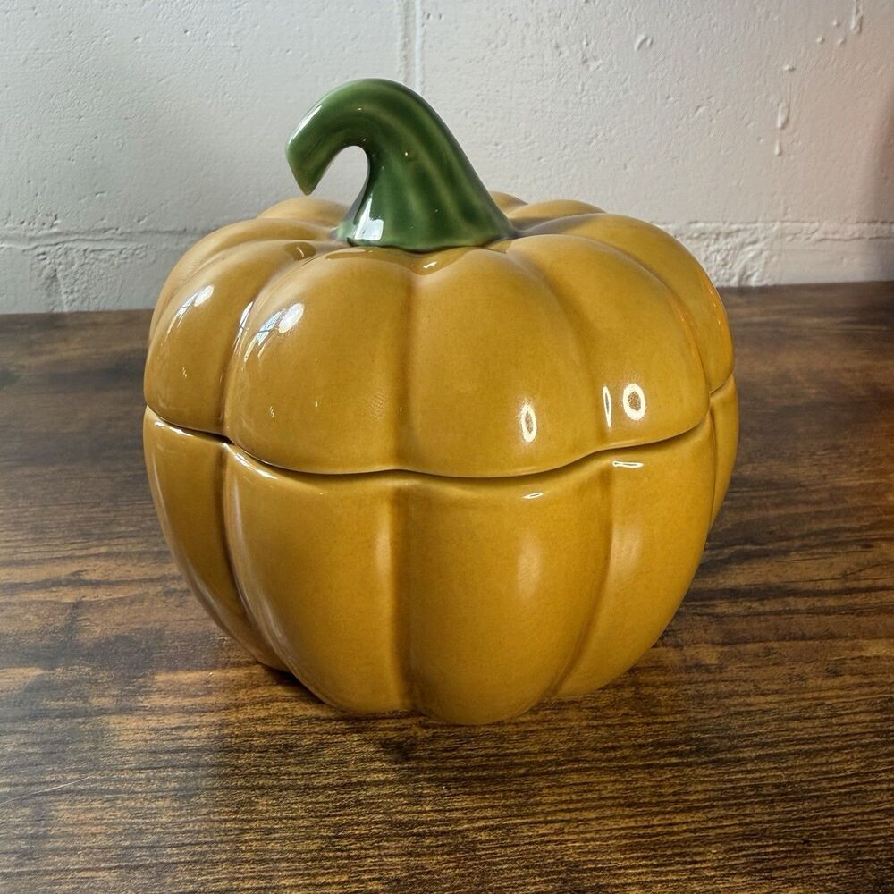 Pier 1 Orange Harvest Gold Pumpkin Cookie Jar Canister with Lid 5 1/2"